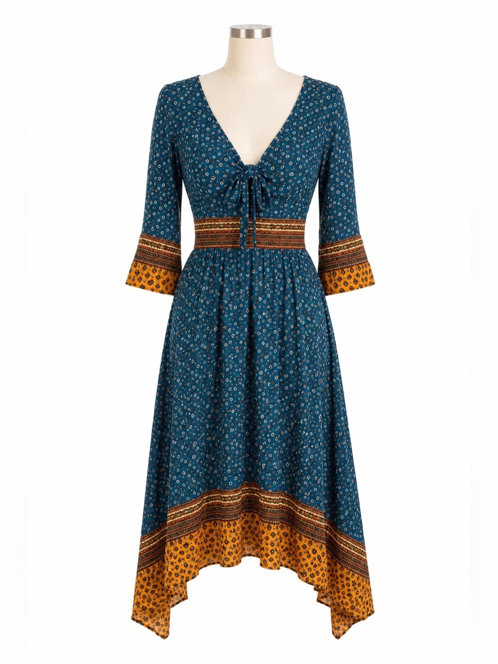 Anthropologie Maeve Blue Boho Tie Front Handkerchief Midi Dress S - Picture 3 of 9